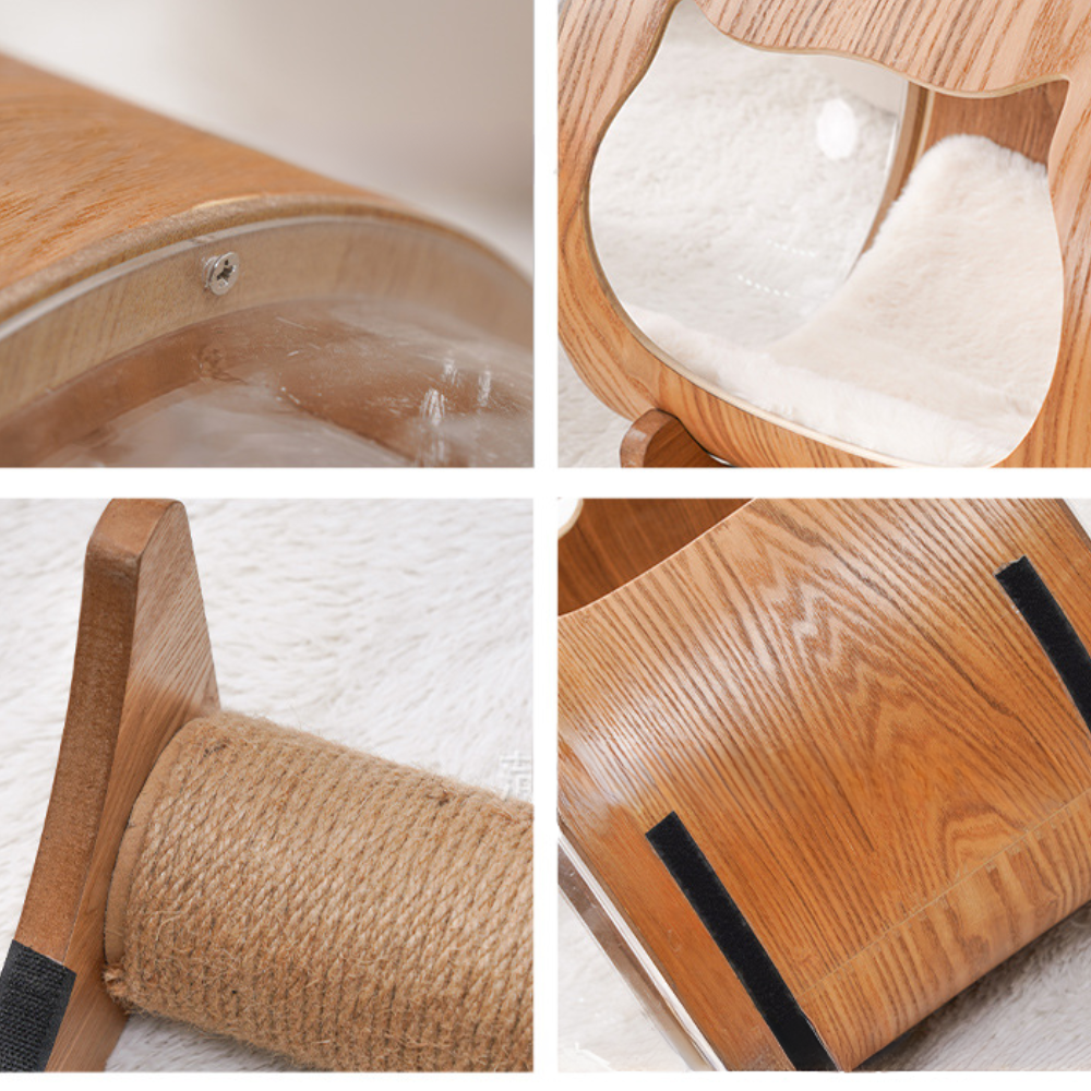 Natural Wood Cat Scratcher & Cozy Cat Bed