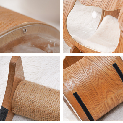 Natural Wood Cat Scratcher & Cozy Cat Bed